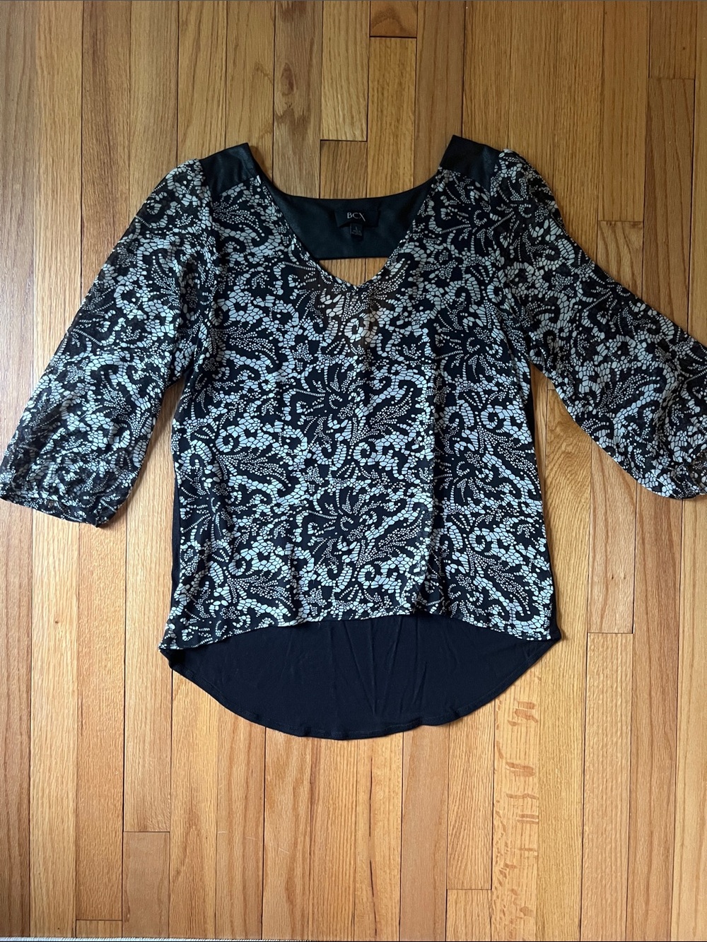 BCX Black Top with Silver Sequin Paisley Overlay